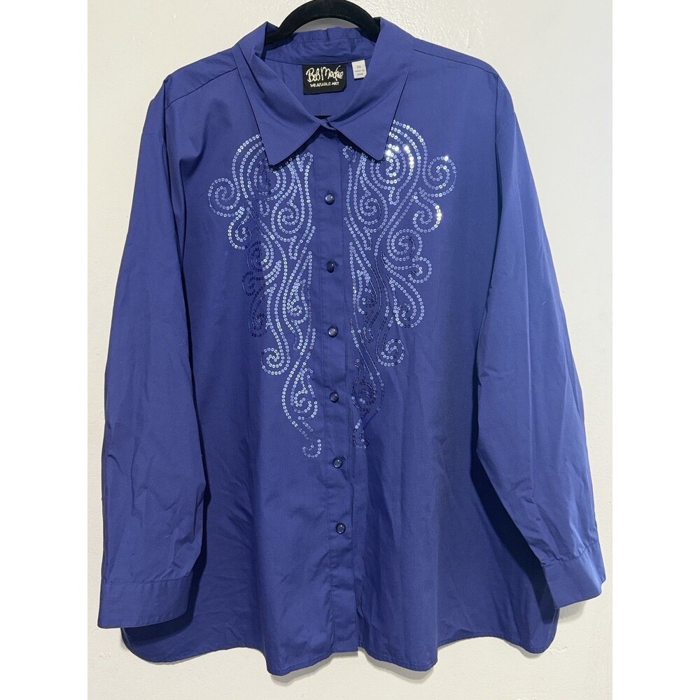 Bob Mackie Wearable Art 3X Blue Sequin Embellished Button Front Blouse Plus Size